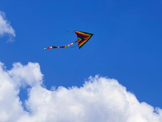Kite in flight above clouds in the sky