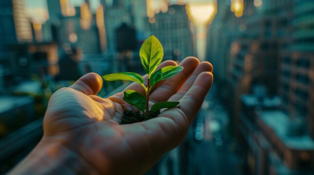 Green Living in the City, hand cradling a small plant against the backdrop of bustling city. The image should inspire viewers to embrace green initiatives and connect with nature even in environments