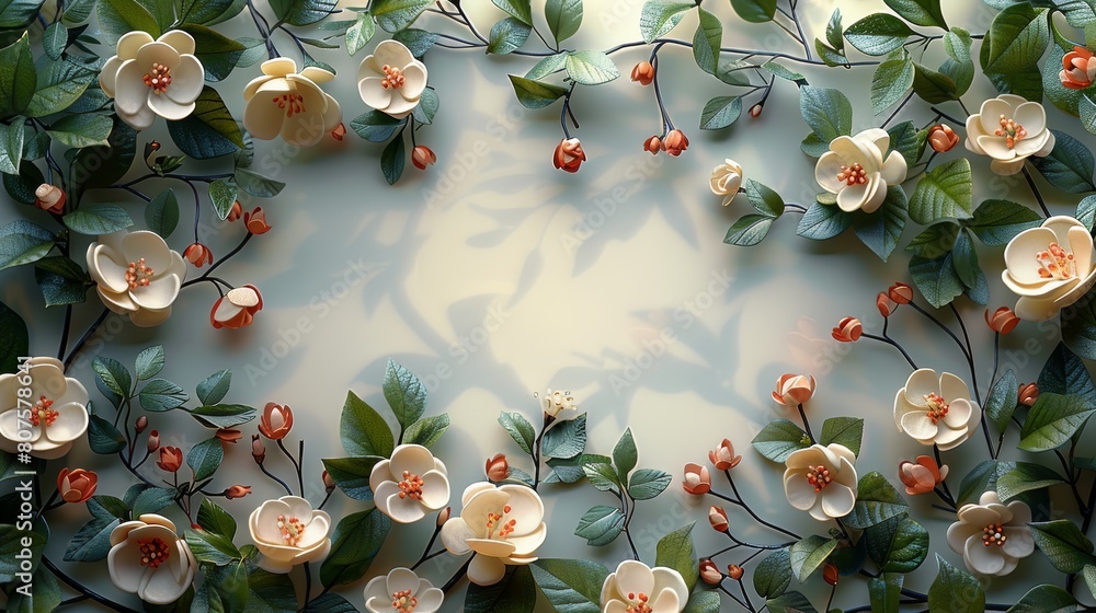 Poster A card with a delicate frame of intertwining botanical elements, such as vines, leaves, and small blooms. The frame should leave a central space for a personalized message. Generative AI.