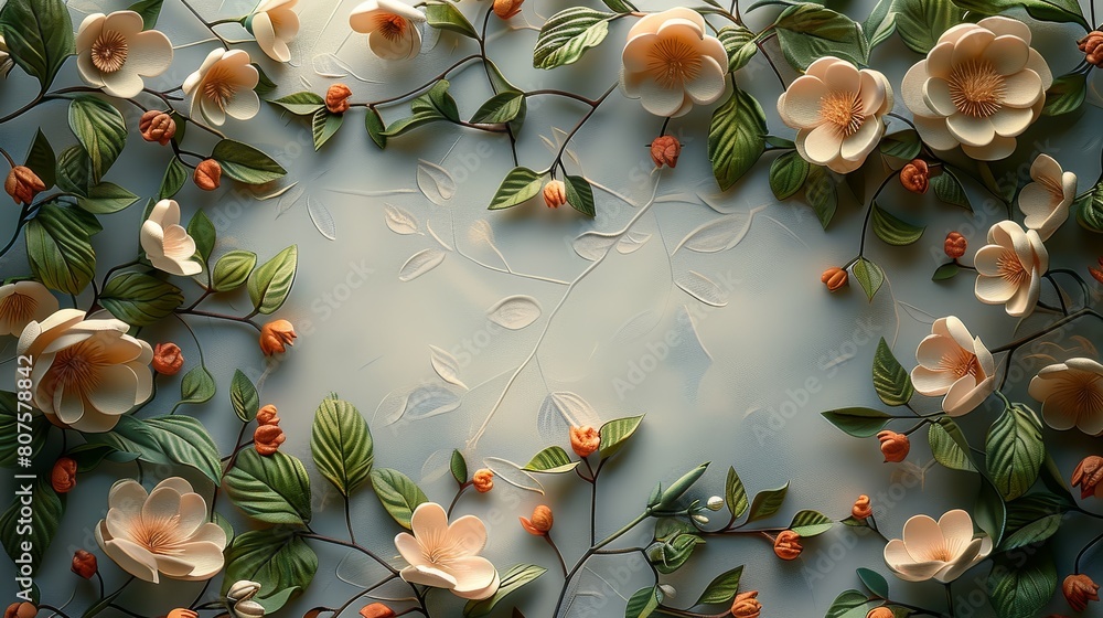 Poster A card with a delicate frame of intertwining botanical elements, such as vines, leaves, and small blooms. The frame should leave a central space for a personalized message. Generative AI.