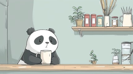 A cute cartoon panda is sitting at a bar counter with a cup in its paw looking sad.