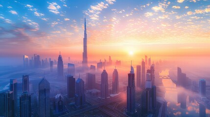 Naklejka premium breathtaking aerial view of a bustling metropolis at sunrise, with the city's skyscrapers bathed in warm, golden light. 