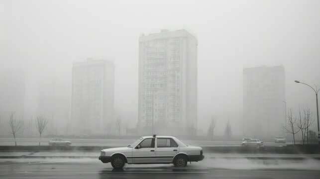 Fototapeta  black and white photo of a lone car driving through a smog-filled city, emphasizing the stark contrast between the vehicle and the polluted environment.  