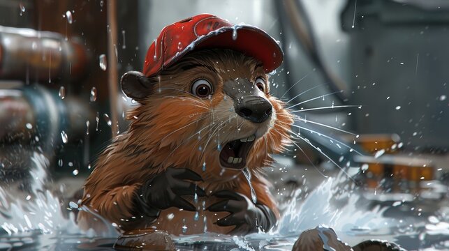 A cartoon plumber beaver wearing a red hat is standing in a puddle of water, looking up in shock and surprise.