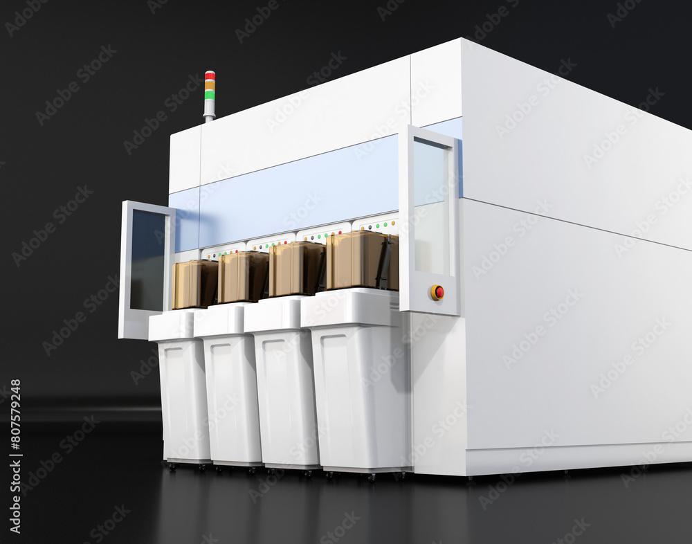 Poster semiconduct wafer cleaning, etching system on black background. generic design. 3d rendering image.