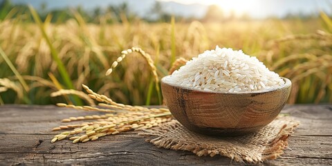 A bowl of white rice on a wooden surface with a rice field backdrop with a big space for text or...