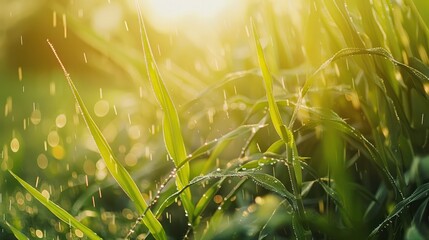 cornstalks swaying gently in the breeze, their leaves glistening with morning dew, capturing the essence of a thriving cornfield. 