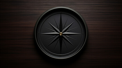 A black compass is sitting on a wooden surface