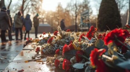 An image of a war memorial or monument, with people laying wreaths or flowers in remembrance of those who lost their lives in conflicts.