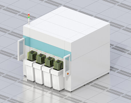 Isometric view of Semiconduct Wafer Cleaning, Etching system in Fab cleanroom. Generic design. 3D rendering image.
