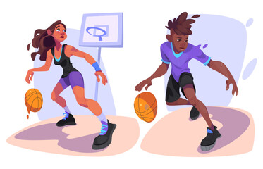 Sport basketball player character man and woman. Afro boy athlete play basket ball. Isolated professional cartoon guy design. Running male person training clipart. Tall comic girl motion for score - obrazy, fototapety, plakaty