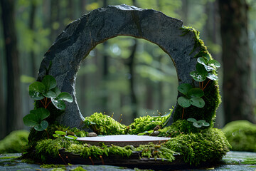 Stone podium at magic forest, plants, green moss, herbs, dew - 3D mockup background beauty product presentation concept. Copy space platform for Cosmetics, perfume fashion sales advertising stand.
