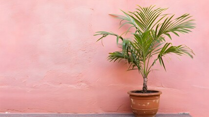 Old clay pot with green palm tree plant over pink wall. Traditional European, Italian outdoor decoration 