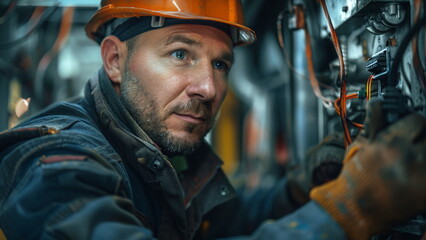 portrait of a professional electrician while repairing an electrical appliance, hyper realistic and detailed photo