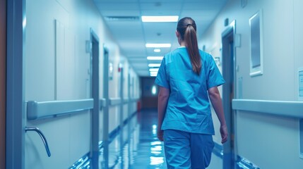 A nurse walking down a quiet hallway, lost in thought and reflection.