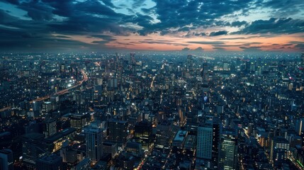 Fototapeta premium mesmerizing aerial panorama of a sprawling cityscape at night, with twinkling lights illuminating the urban landscape like a constellation of stars 