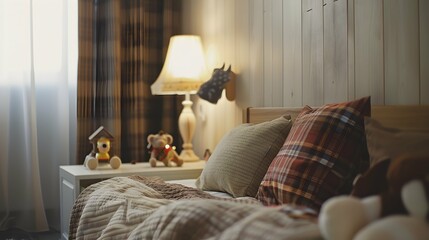 Modern minimal home interior design. Nursery room with bed, pillows, bed linen, plaid, toys, furniture and decorations