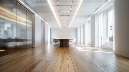 Obraz premium Meeting room design Multi person office Wooden flooring and white walls, Minimalism. Generative AI.