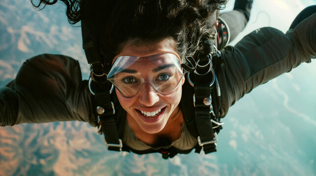 A young woman with a smile is jumping with a parachute. She feels happy and excited while she's in the sky and free-falling. This is skydiving