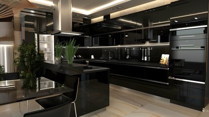 Modern kitchen interior in black colors 