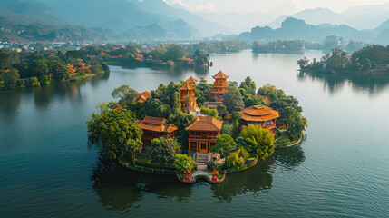 Aerial view of the ancient city NianAmb该Mailin, with red brick buildings and three pagodas on an island in Lake West lake. Created with Ai