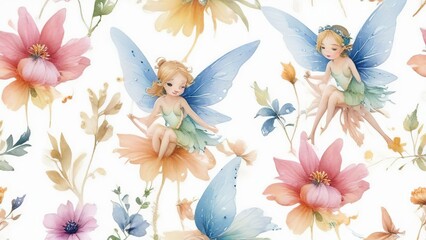 Seamless children's pattern with fairies and flowers,. pattern with cartoon fairy or elves for children, girls. Drawing for wallpaper, children's linen, poster, notebook cover