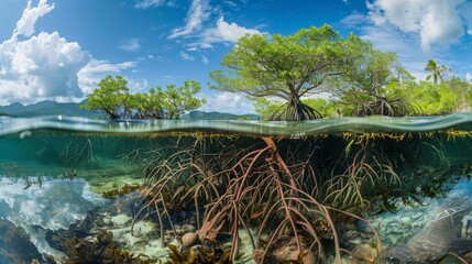 Mangrove Diversity, A wide-angle shot capturing a diverse array of mangrove species thriving in an intertidal zone, showing the dense root systems submerged in water.