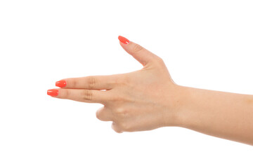 a front view female hand with colored nails pointing gun pose on the white background lady body...
