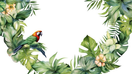 Tropical green leaves with parrot bird for decoration art frame,wallpaper,card and banner on transparent background.