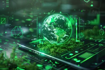 3D glowing Green Earth inside a tablet with green icons and technology elements on a dark background.