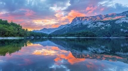 calm surface of a mountain lake reflects the vibrant colors of the sunrise sky, with the surrounding peaks bathed in hues of pink and gold