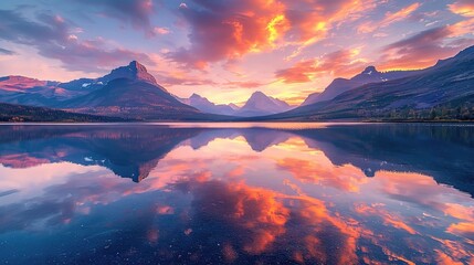 calm surface of a mountain lake reflects the vibrant colors of the sunrise sky, with the surrounding peaks bathed in hues of pink and gold - Powered by Adobe