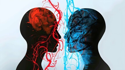 Metaphor bipolar disorder mind mental. Double face. Split personality. Concept mood disorder. 2 Head silhouette.Psychology. Mental health. Dual personality concept. Tangle and untangle