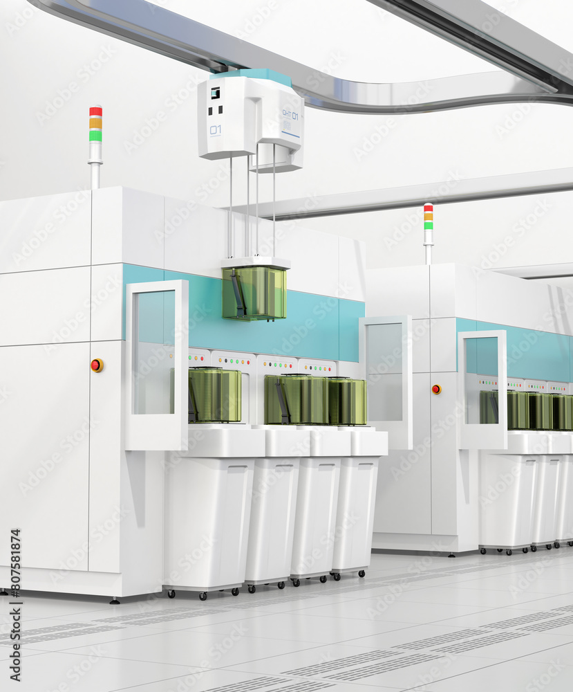 Poster semiconduct wafer cleaning, etching and oht system in fab cleanroom. generic design. 3d rendering im