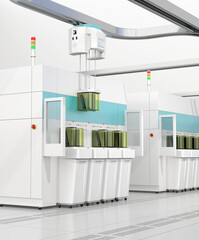 Semiconduct Wafer Cleaning, Etching and OHT system in Fab cleanroom. Generic design. 3D rendering image.