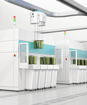 Semiconduct Wafer Cleaning, Etching and OHT system in Fab cleanroom. Generic design. 3D rendering image.