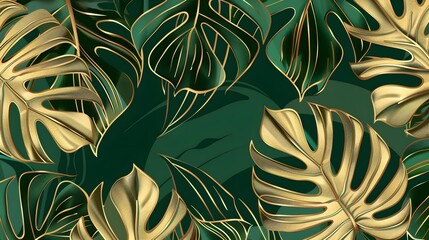 Luxury golden art deco wallpaper. Floral pattern with golden split-leaf Philodendron plant with monstera plant line art on green emerald color background.
