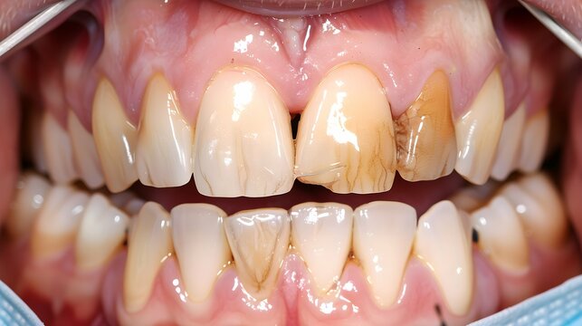 male open mouth with unhealthy teeth before and after dental whitening procedure, caries treatment and plaque removal close-up