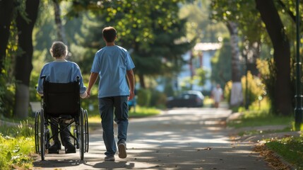 A nurse walking alongside a patient in a wheelchair, providing support and companionship.