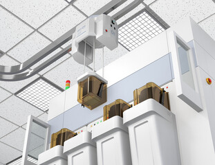 Persperctive view of OHT system unload a Foup from load port of Semiconduct Wafer Cleaning, Etching system.  3D rendering image.