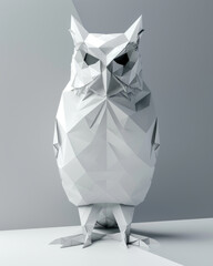 3D rendered creative owl origami, ad mockup isolated on a white and gray background.