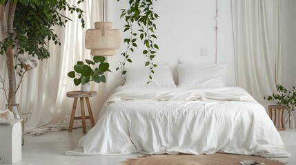 Lamp above white bed with pillows in minimal bedroom interior with plants and stool