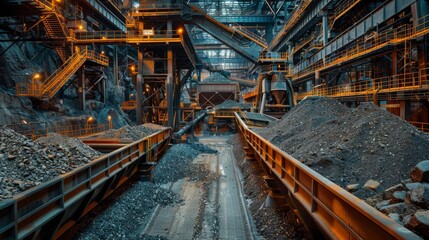 Fototapeta premium Ore Processing Plant: Interior shot of an ore processing plant where the ore is crushed and sorted, focusing on machinery and worker oversight.