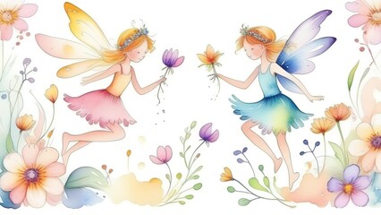 Seamless children's pattern with fairies and flowers,. pattern with cartoon fairy or elves for children, girls. Drawing for wallpaper, children's linen, poster, notebook cover