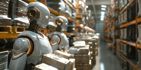 AI revolutionizes manufacturing with robots in warehouses replacing human labor for efficiency. Concept AI in Manufacturing,Warehouse Robotics, Automation Efficiency, Future of Work