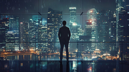 business woman standing and looking skycrapper in the night
