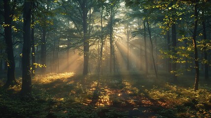forest coming to life at dawn, with the first light of sunrise filtering through the trees 