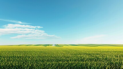 Fototapeta premium vast expanse of cornfields stretching towards the horizon, irrigated by a modern sprinkler system under a clear blue sky. 