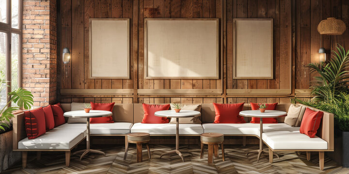 Modern cafe interior with wooden paneling on the walls with  sofa,  two blank poster frames 