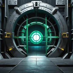 AI Generative image of a futuristic sci-fi metal door open to a glowing neon-lit portal